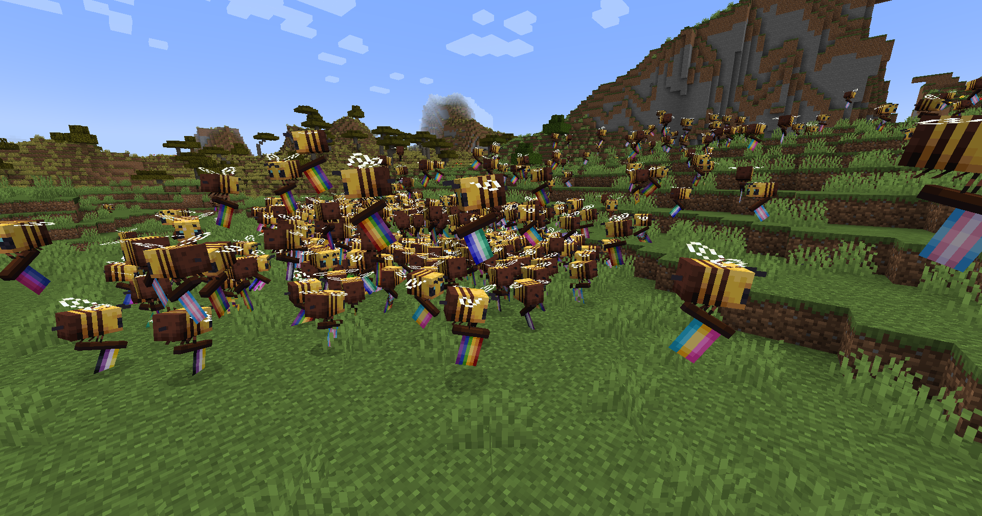 A flock of bees flying around with a ton of pride flags